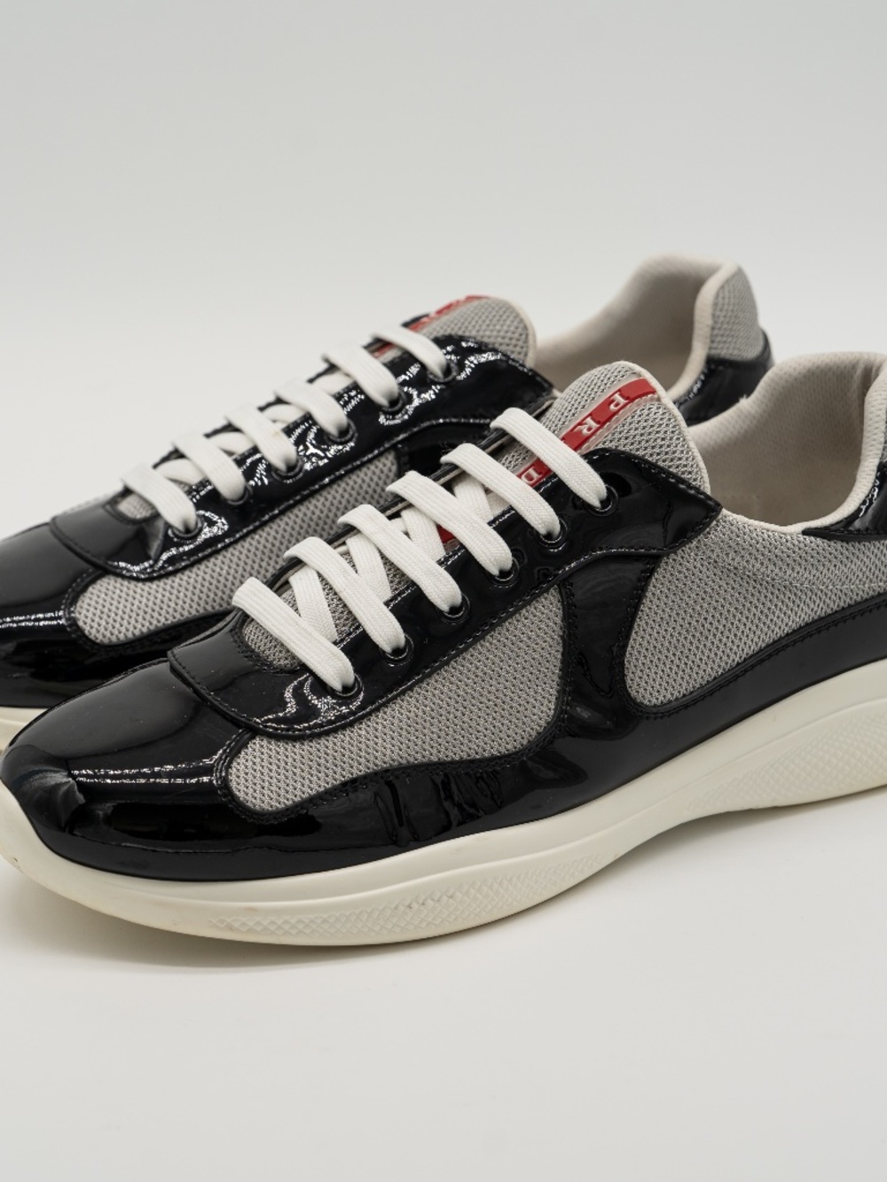 Prada Men's Sneakers America's Cup Black Silver Patent Leather size 11uk 12 US